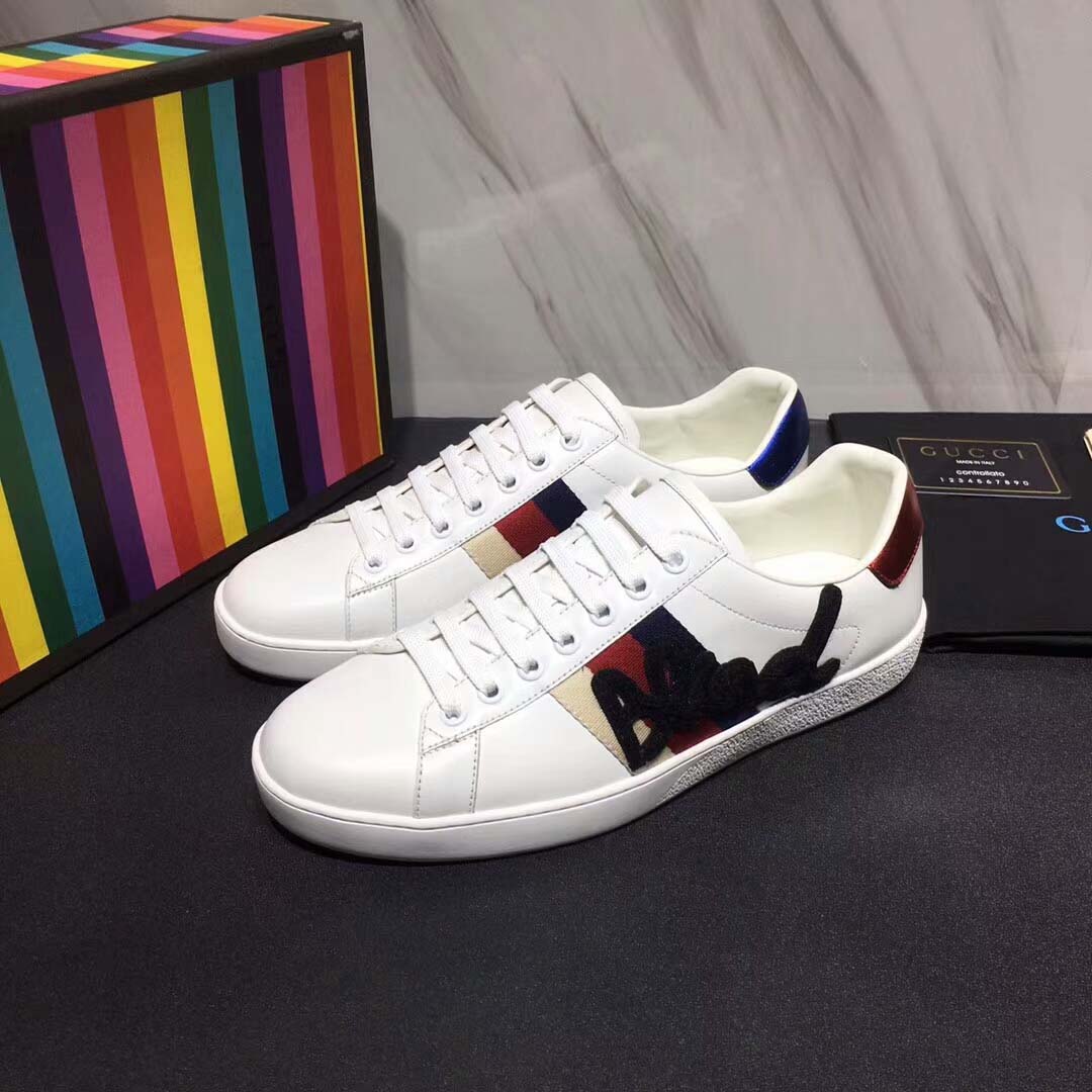 G*u*i men ace embroidered sneaker shoes in leather with sylvie web-white