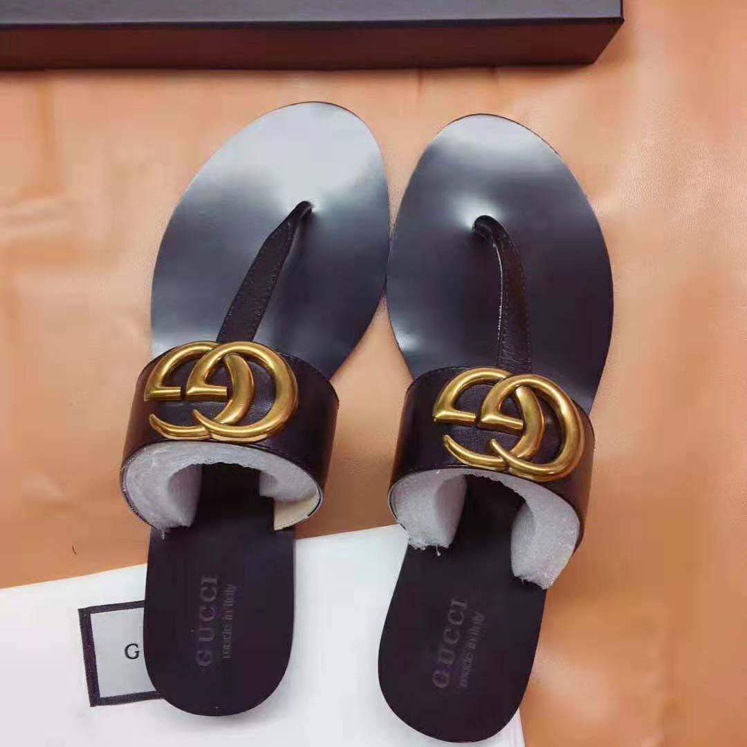 G*u*i men leather thong sandal with double g-black
