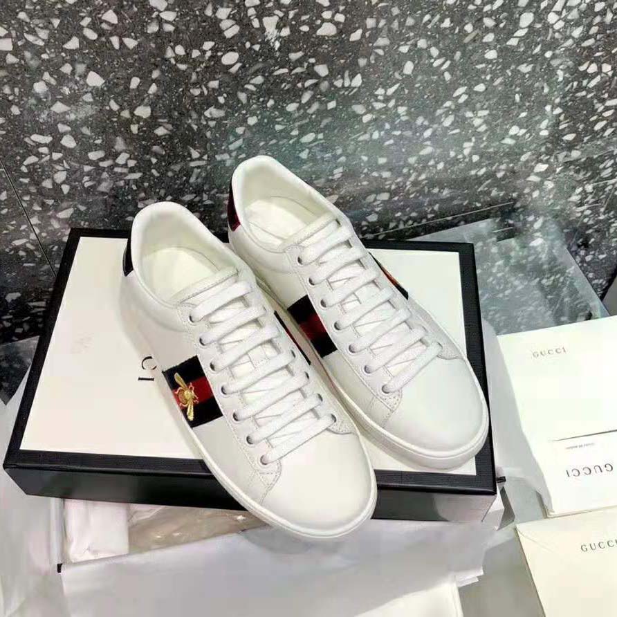 G*u*i unisex ace embroidered sneaker with iconic gold embroidered bee-white