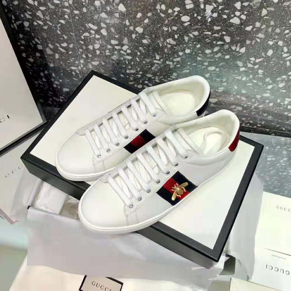 G*u*i unisex ace embroidered sneaker with iconic gold embroidered bee-white