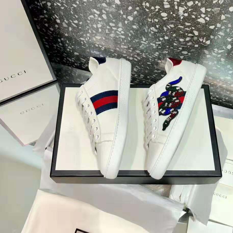G*u*i women ace embroidered sneaker with crystal kingsnake-white