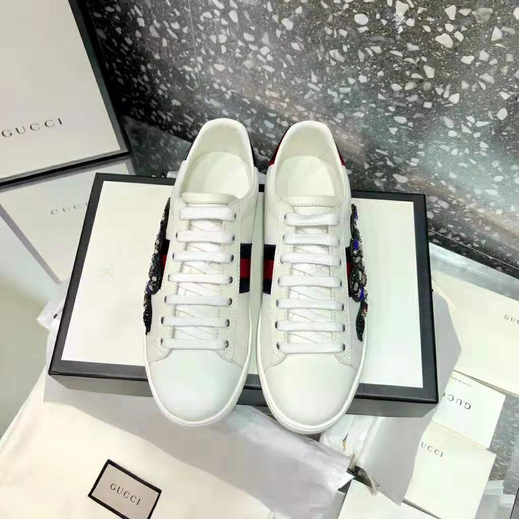 G*u*i women ace embroidered sneaker with crystal kingsnake-white