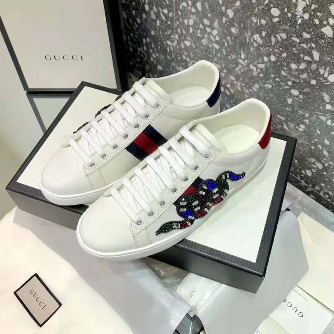 G*u*i women ace embroidered sneaker with crystal kingsnake-white