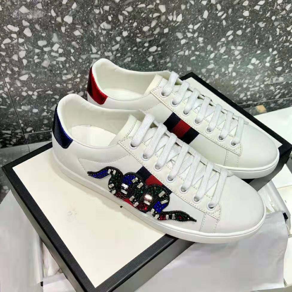 G*u*i women ace embroidered sneaker with crystal kingsnake-white