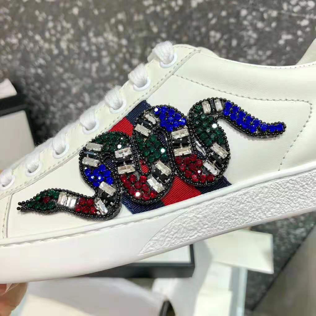 G*u*i women ace embroidered sneaker with crystal kingsnake-white