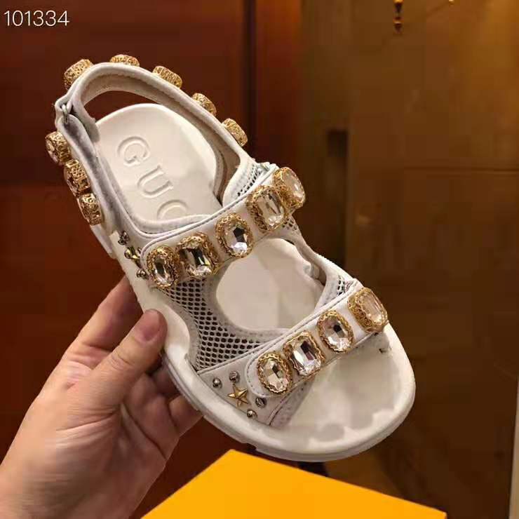 G*u*i women leather and mesh sandal with crystals 4.6 cm heel-white