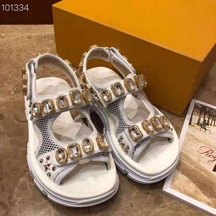 G*u*i women leather and mesh sandal with crystals 4.6 cm heel-white