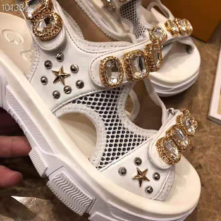 G*u*i women leather and mesh sandal with crystals 4.6 cm heel-white