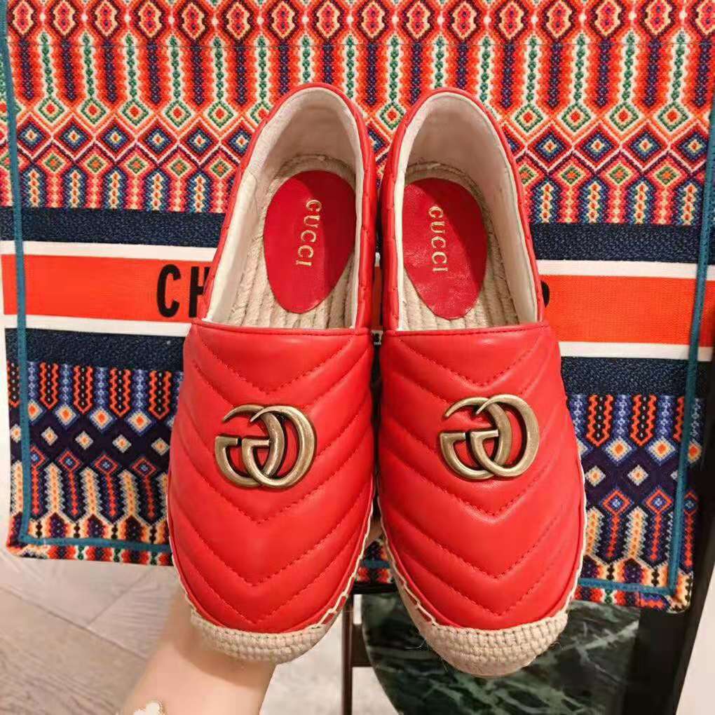 G*u*i women leather espadrille with double g in matelassé chevron leather-red