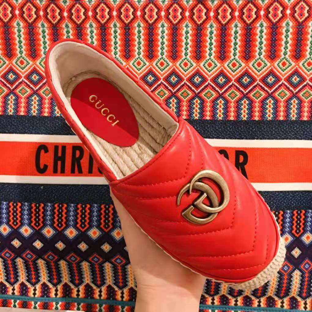 G*u*i women leather espadrille with double g in matelassé chevron leather-red