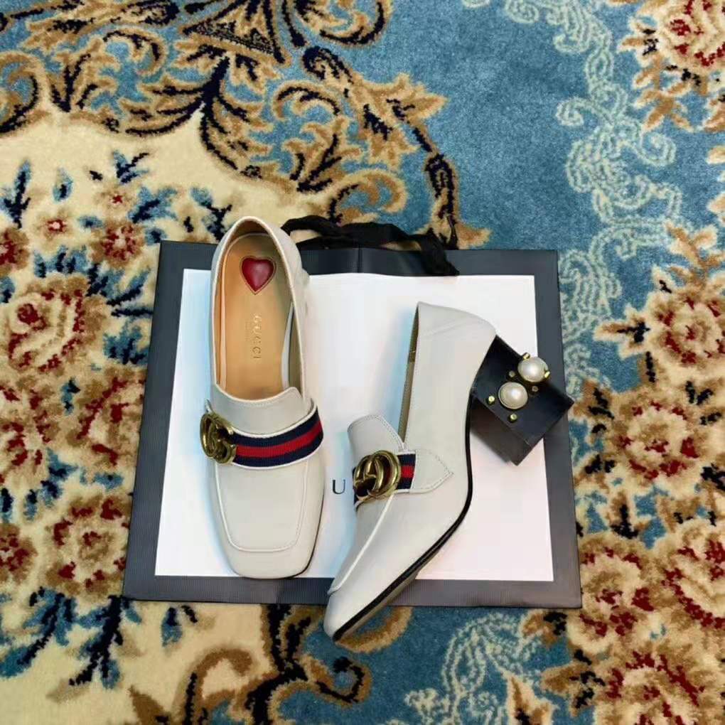 G*u*i women leather mid-heel loafer 3″ heel-white