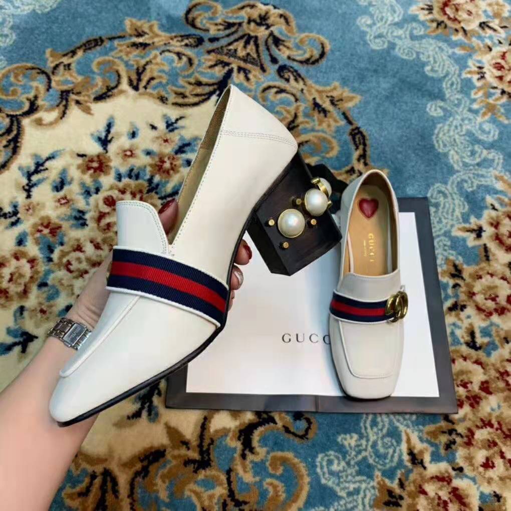 G*u*i women leather mid-heel loafer 3″ heel-white