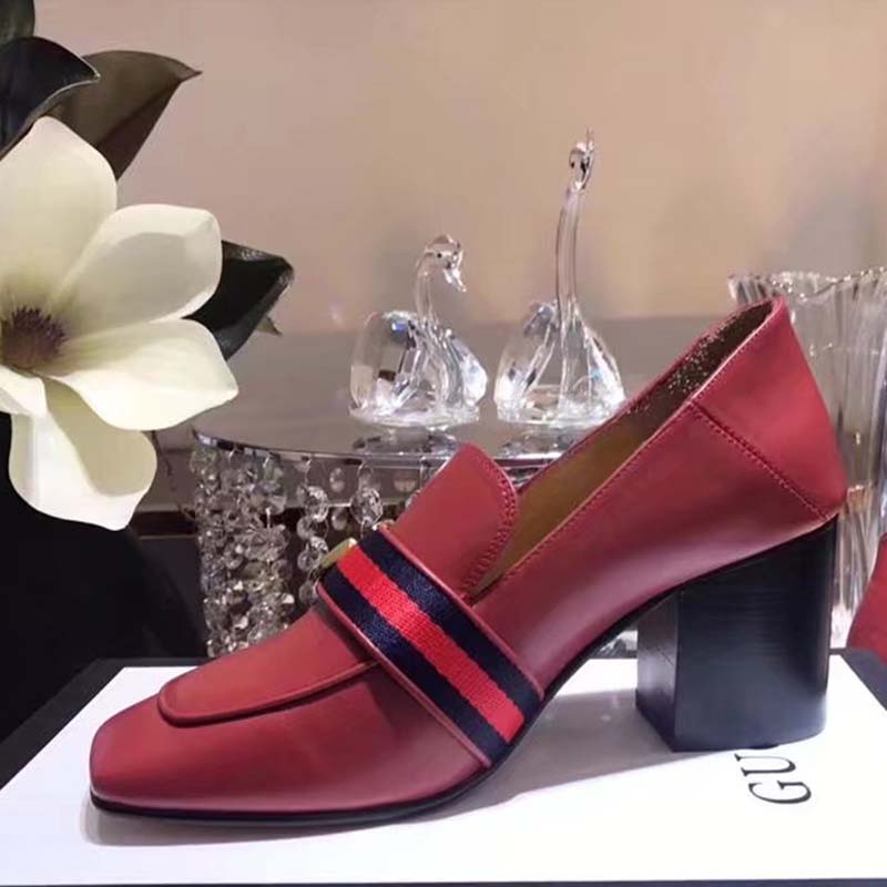 G*u*i women leather mid-heel loafer shoes-red