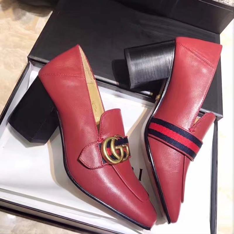 G*u*i women leather mid-heel loafer shoes-red