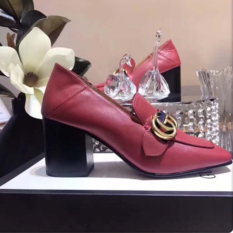 G*u*i women leather mid-heel loafer shoes-red