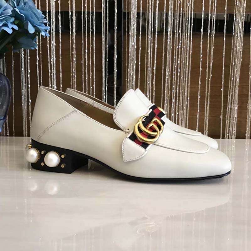 G*u*i women leather mid-heel loafer with blue and red web-white