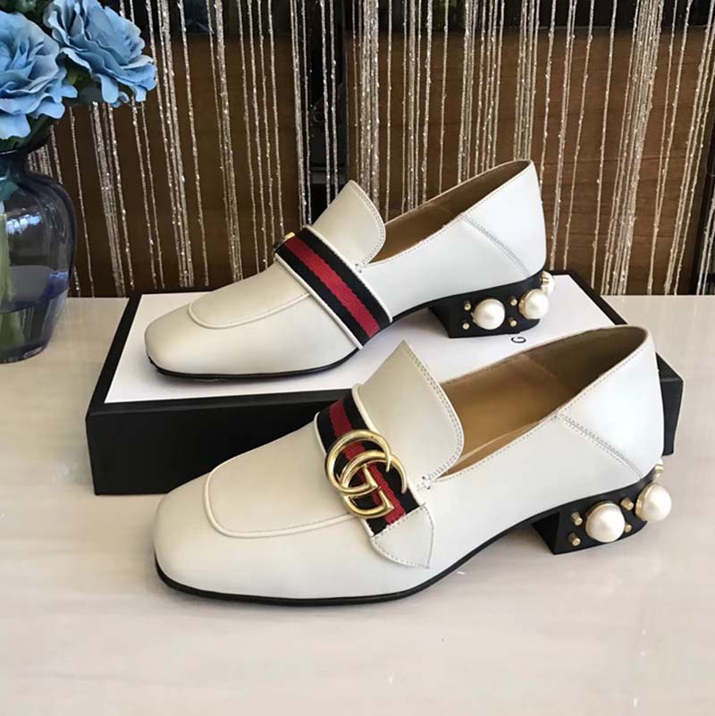 G*u*i women leather mid-heel loafer with blue and red web-white