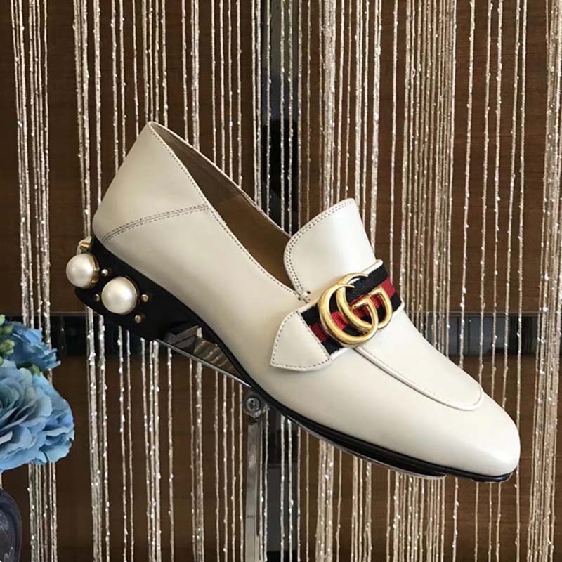 G*u*i women leather mid-heel loafer with blue and red web-white