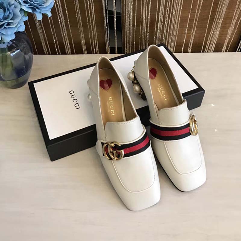 G*u*i women leather mid-heel loafer with blue and red web-white
