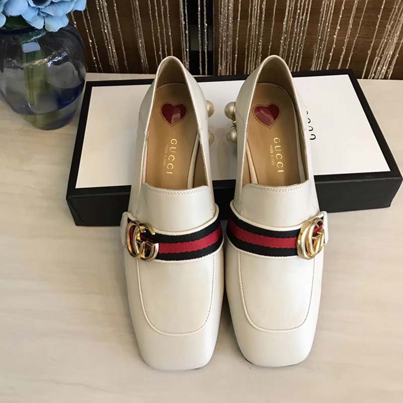 G*u*i women leather mid-heel loafer with blue and red web-white