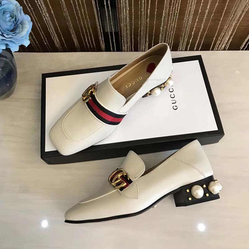G*u*i women leather mid-heel loafer with blue and red web-white