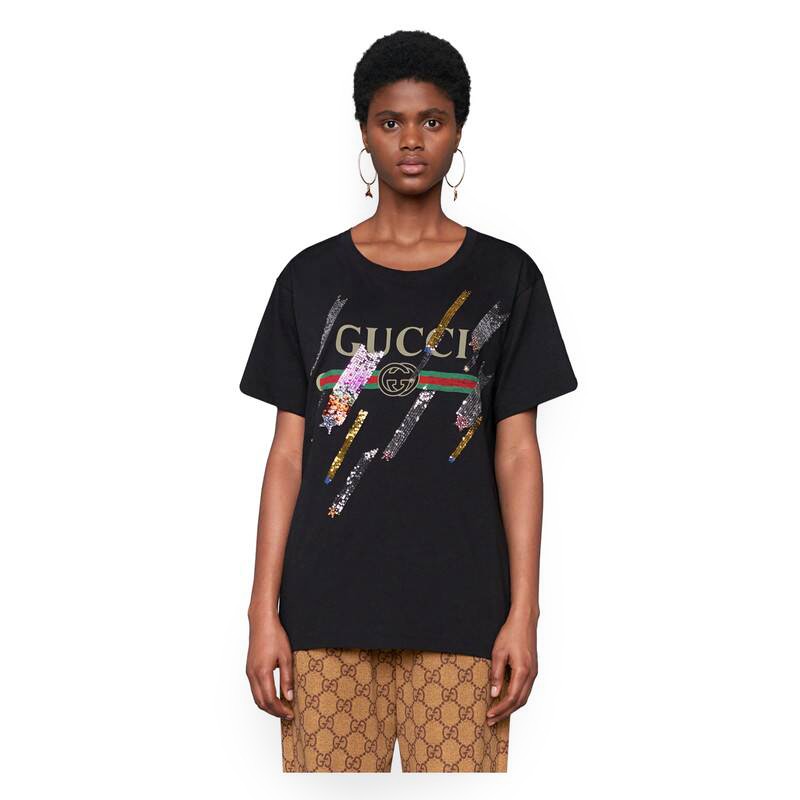 G*u*i women oversize t-shirt with G*u*i logo and shooting stars-black