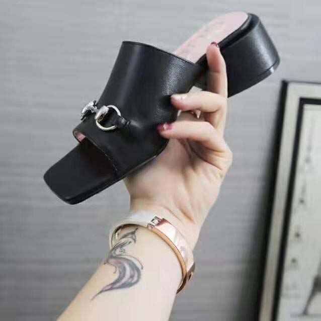 G*u*i women patent leather mid-heel slide 5.1cm chunky heel-black