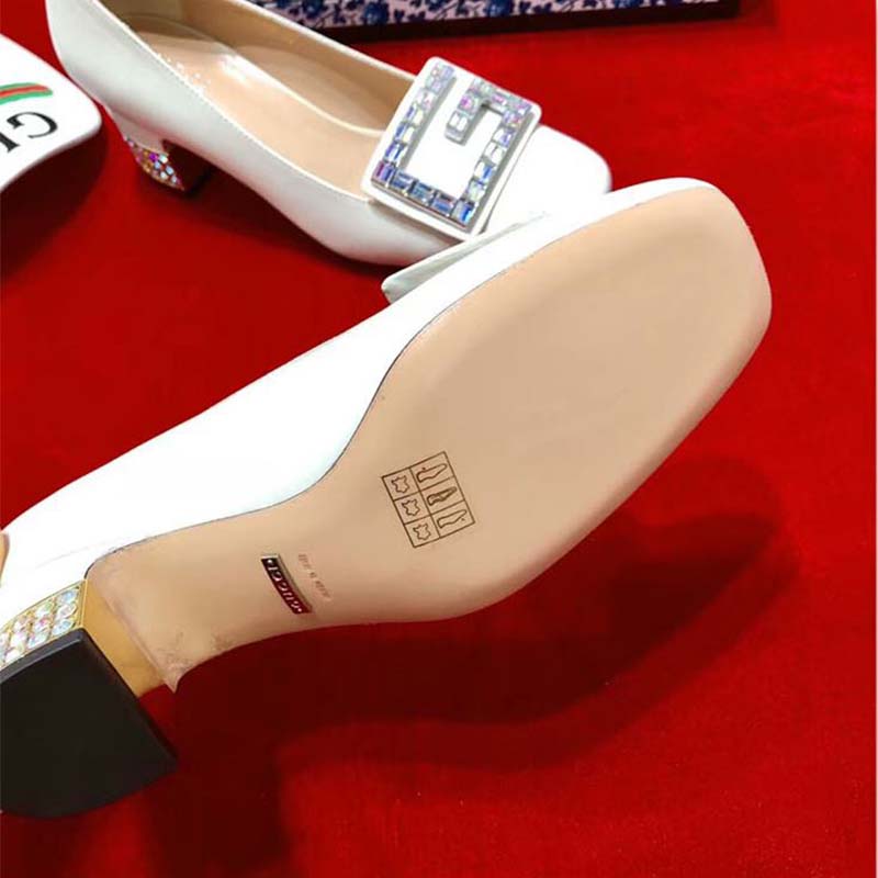 G*u*i women shoe leather mid-heel pump with crystal g 50mm heel-white