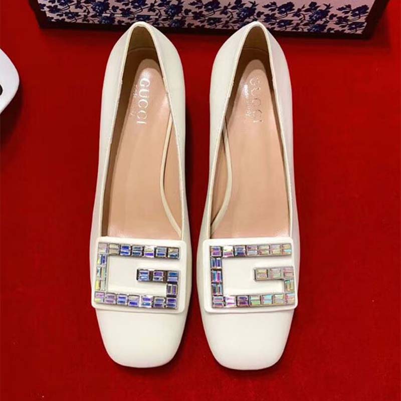 G*u*i women shoe leather mid-heel pump with crystal g 50mm heel-white