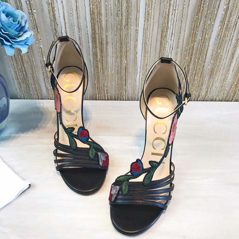 G*u*i women shoes embroidered leather mid-heel sandal 100mm heel-black