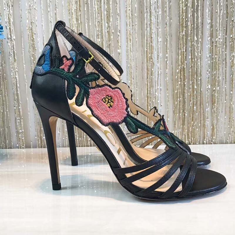 G*u*i women shoes embroidered leather mid-heel sandal 100mm heel-black