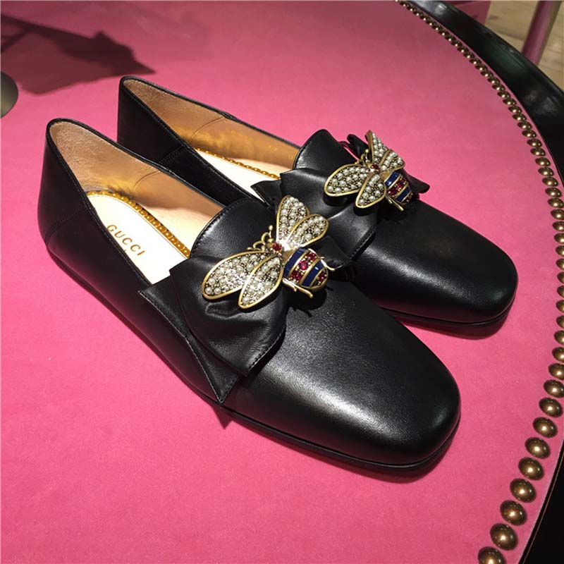G*u*i women shoes leather ballet flat with bow 10mm heel-black