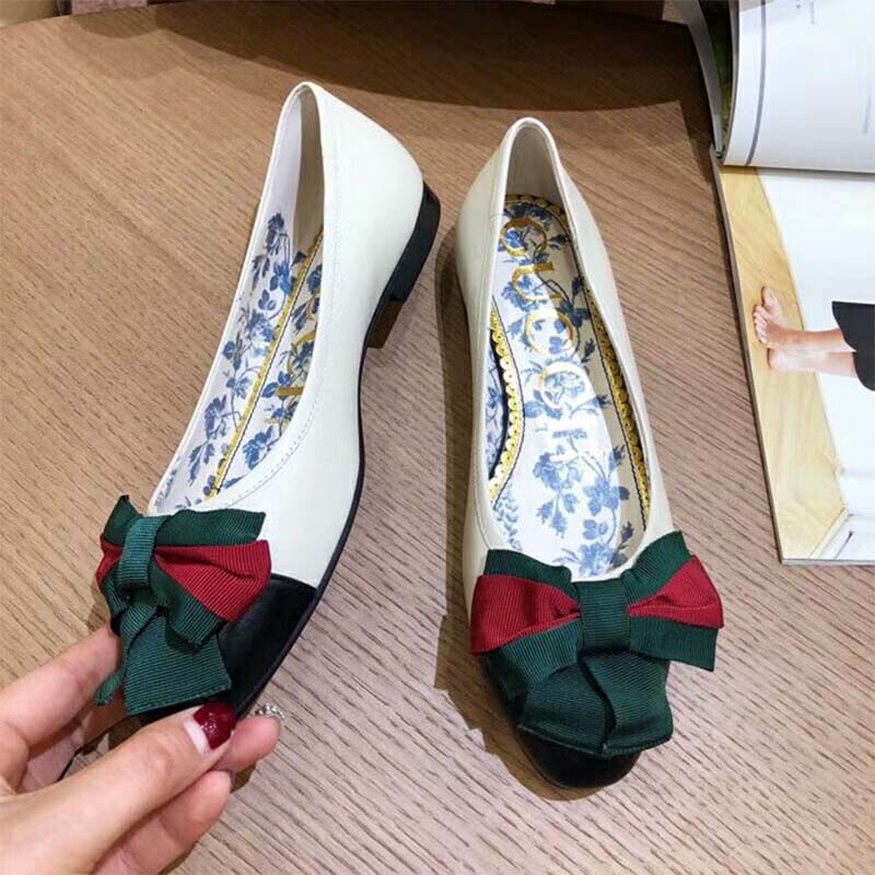 G*u*i women shoes leather ballet flat with web bow 10mm heel-white