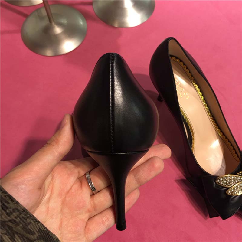 G*u*i women shoes leather mid-heel pump with bow 75mm heel-black