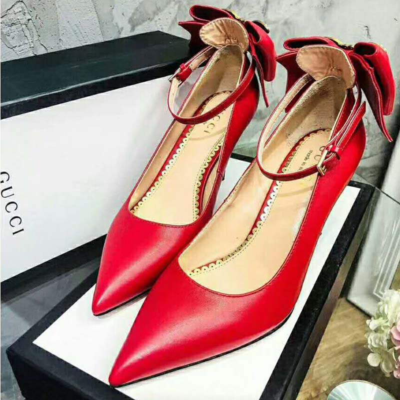 G*u*i women shoes leather pump with bow 85mm heel-red