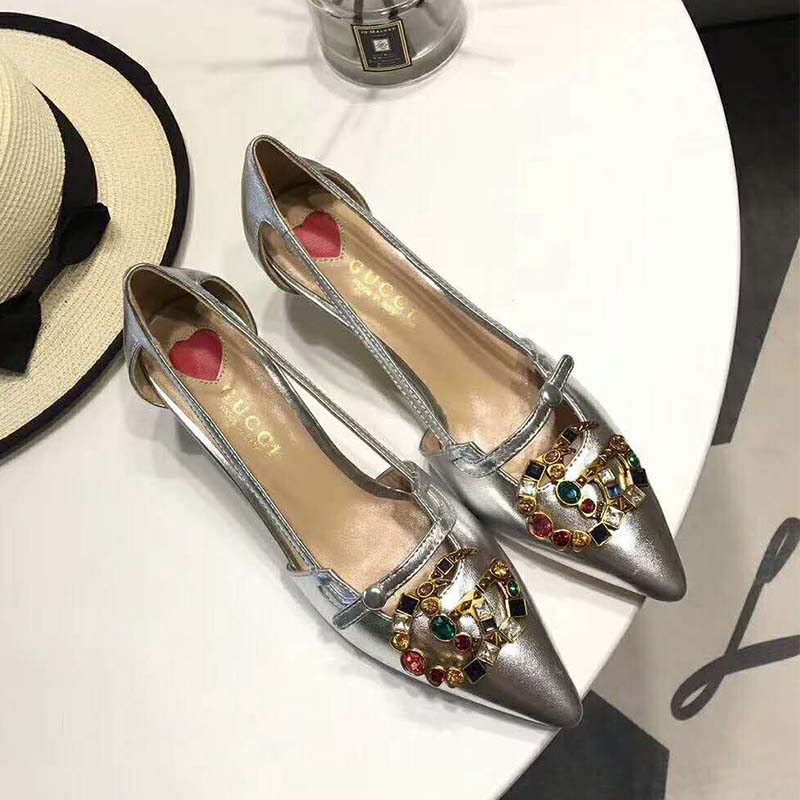 G*u*i women shoes metallic leather pump with crystal double g 50mm heel-silver