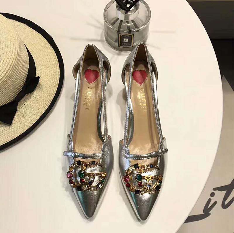 G*u*i women shoes metallic leather pump with crystal double g 50mm heel-silver