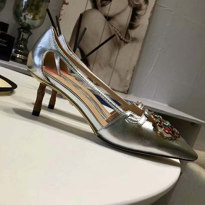 G*u*i women shoes metallic leather pump with crystal double g 50mm heel-silver