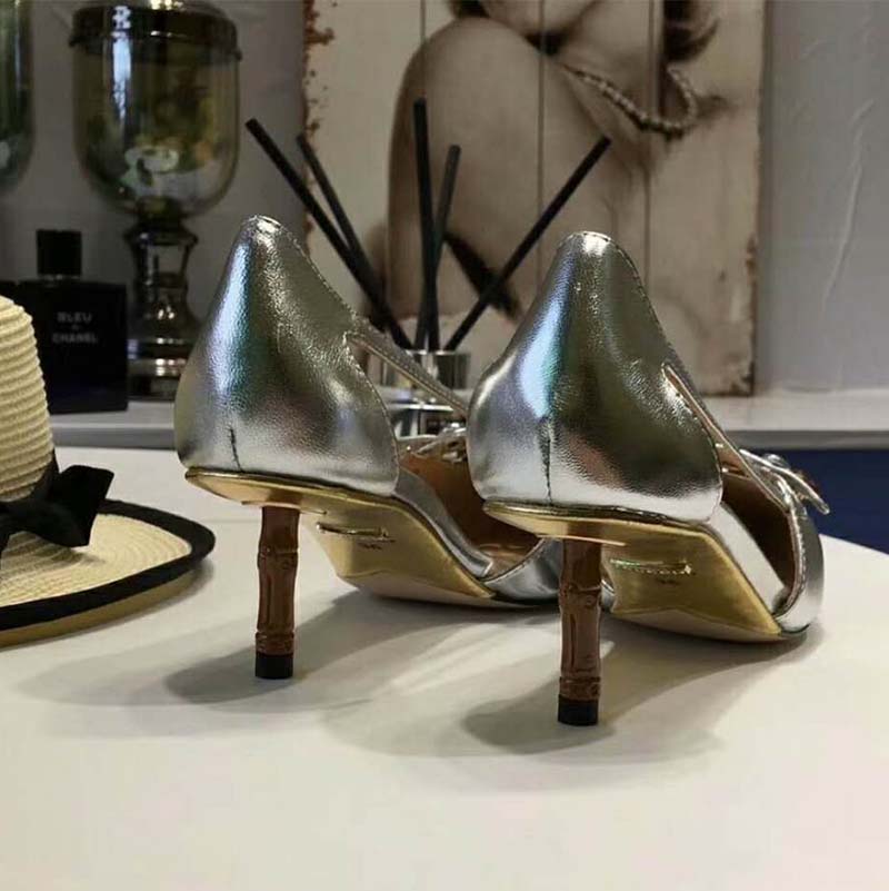 G*u*i women shoes metallic leather pump with crystal double g 50mm heel-silver