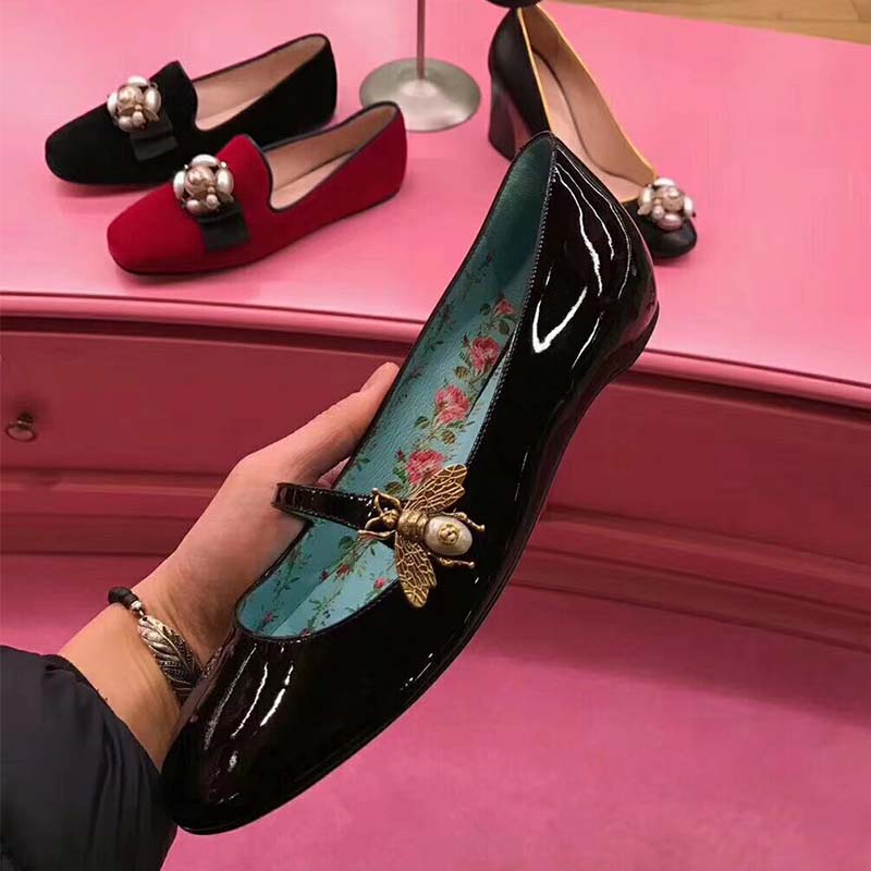 G*u*i women shoes patent leather ballet flat with bee 10mm heel-black
