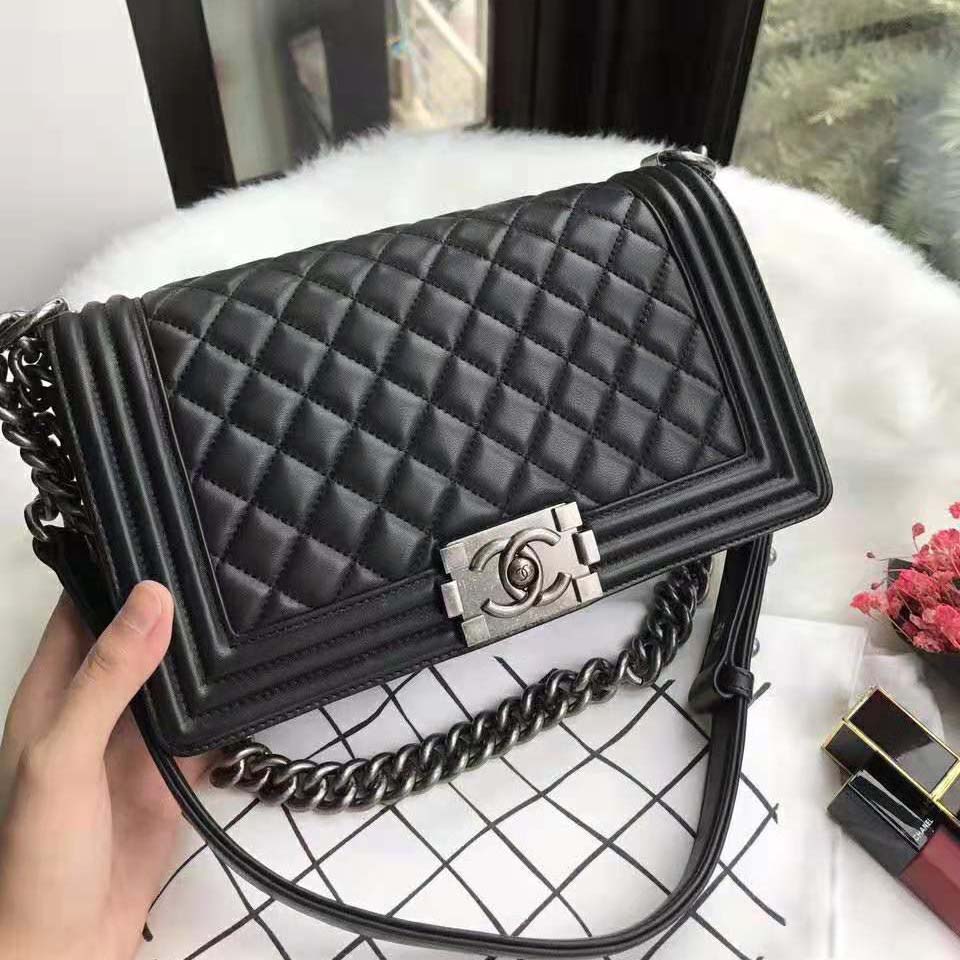 Chanel Boy Chanel Handbag in Calfskin & Ruthenium-Finish Metal-Black