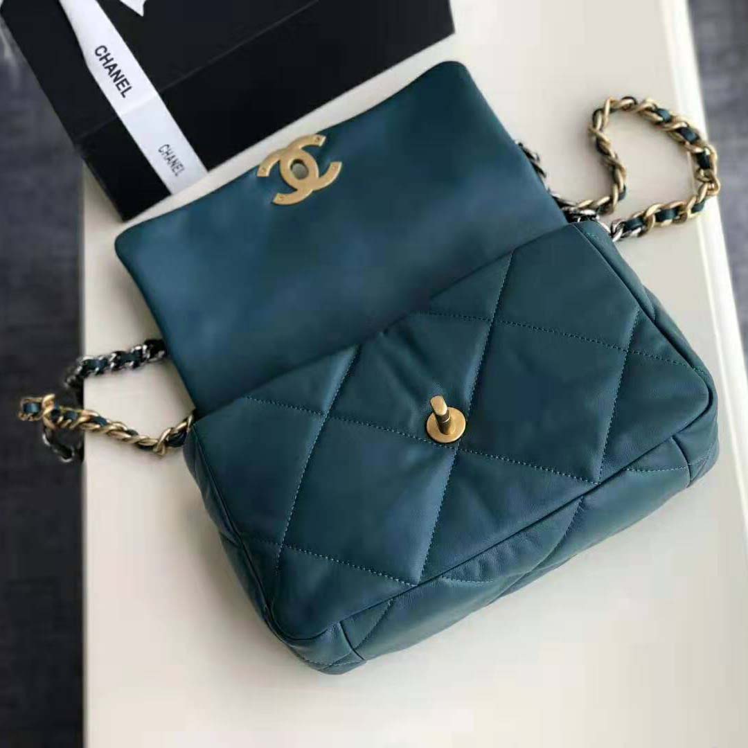 Chanel Women 19 Large Flap Bag in Goatskin Leather-Blue