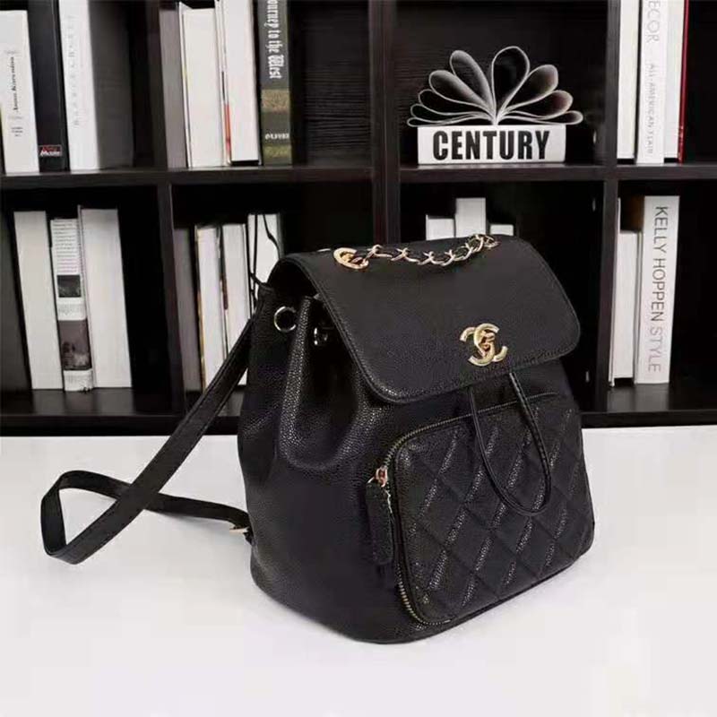 Chanel Women Backpack in Embossed Grained Calfskin Leather-Black
