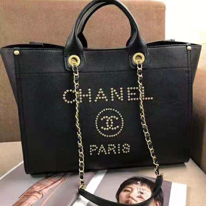Chanel Women Chanel’s Large Tote Shopping Bag in Grained Calfskin Leather-Black