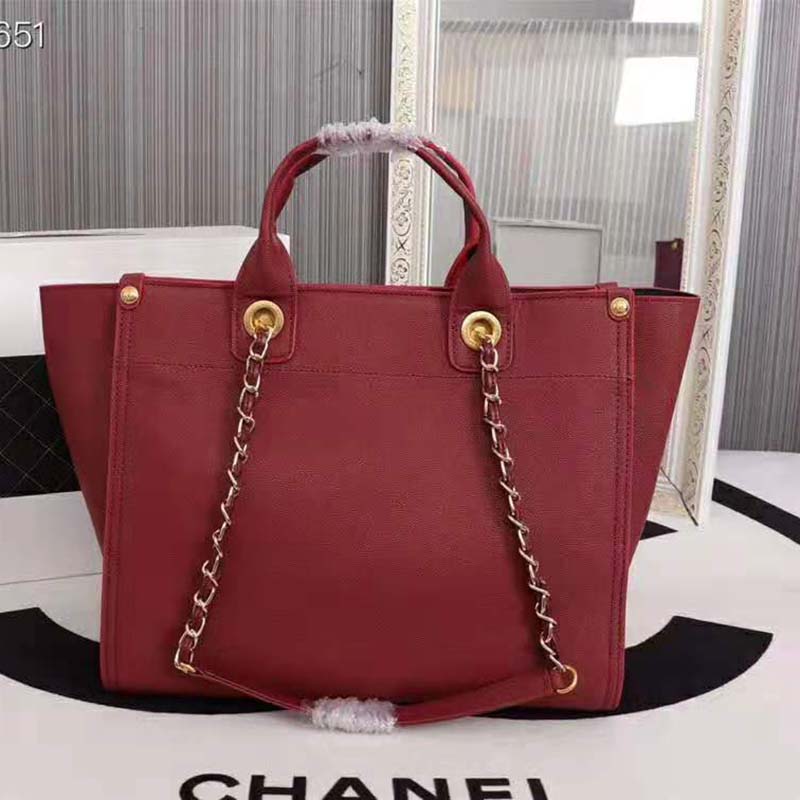 Chanel Women Chanel’s Large Tote Shopping Bag in Grained Calfskin Leather-Red