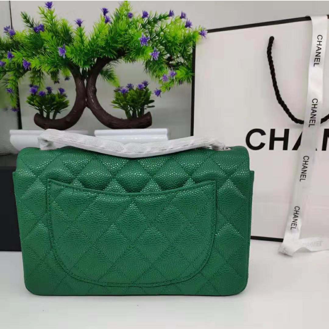 Chanel Women Classic Handbag in Lambskin Leather-Green