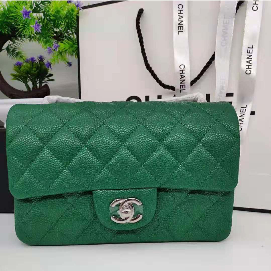 Chanel Women Classic Handbag in Lambskin Leather-Green