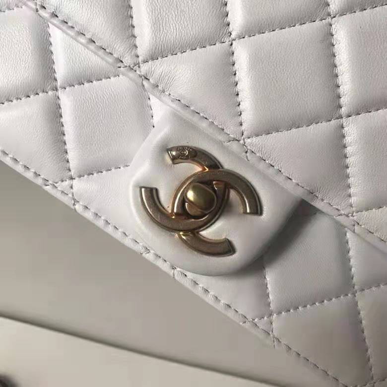Chanel Women Flap Bag White Ringer Pearl in Goatskin Leather