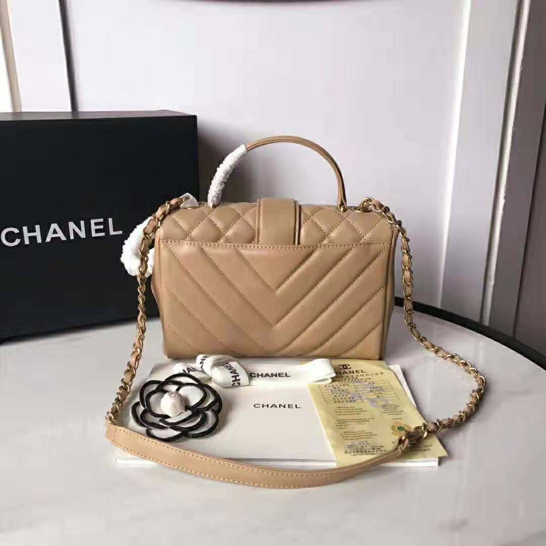 Chanel Women Flap Bag with Top Handle in Calfskin-Sandy