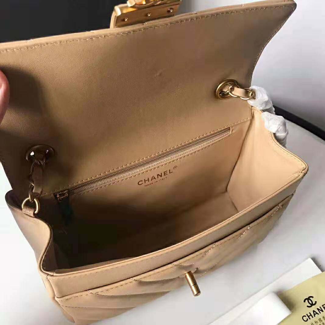 Chanel Women Flap Bag with Top Handle in Calfskin-Sandy